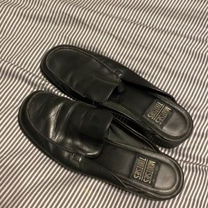 Black leather mules